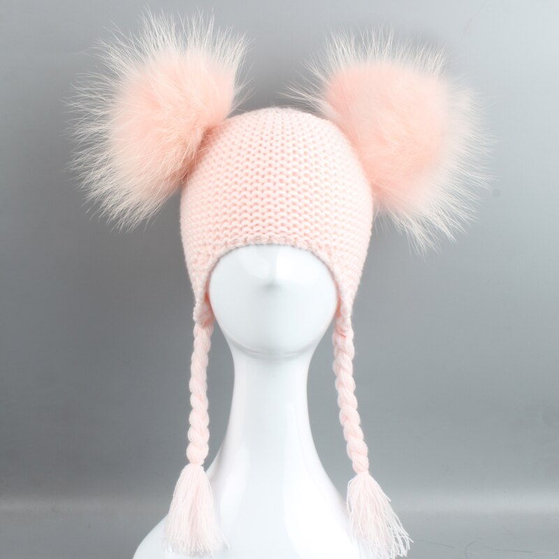 New Autumn Winter Baby Kids Beanie 15 CM Real Fur Pompom Hat For Children Warm Wool Knitted Earflap Cap