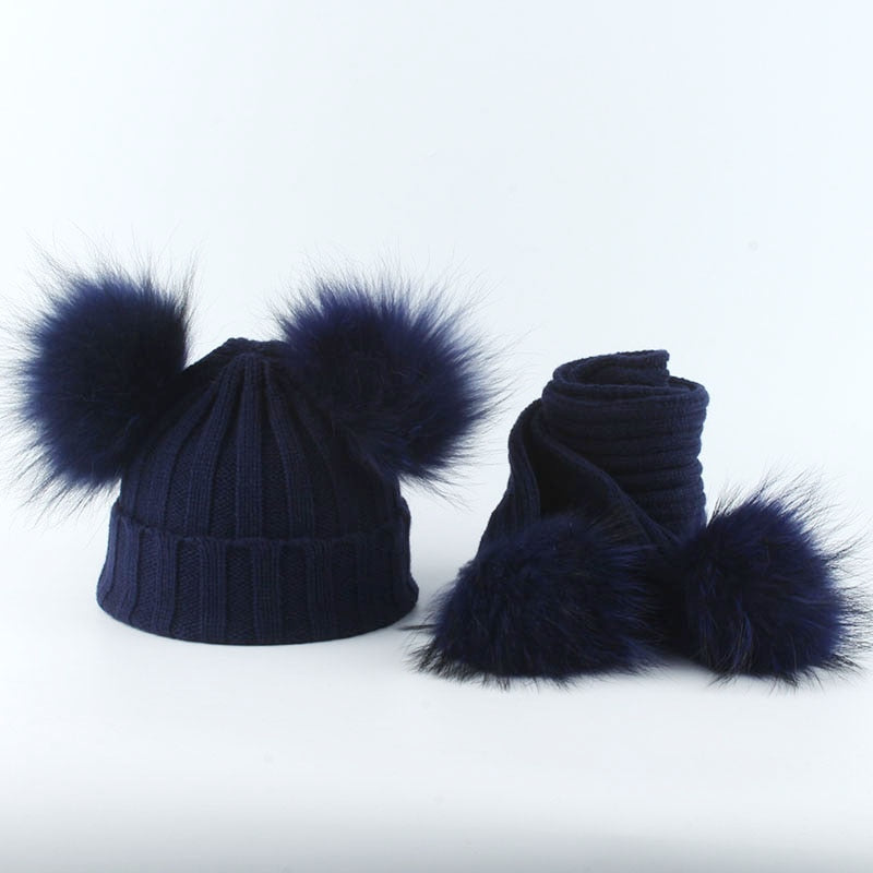 Children Real Natural Fur Pompom Hat Baby Kids Winter Knitted Hat And Scarf Set Boys Girls 4 pieces Pom Pom Beanie Cap