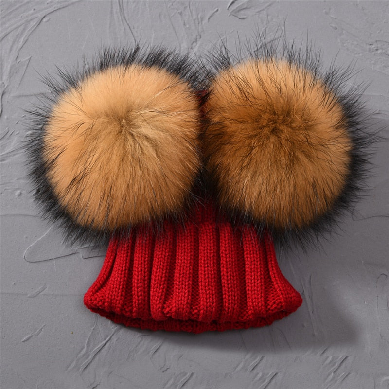 Winter Baby Knit Hat With Two Fur Pompoms Boy Girls Natural Fur Ball Beanie Kids Caps Double Real Fur Pom Pom Hat for Children