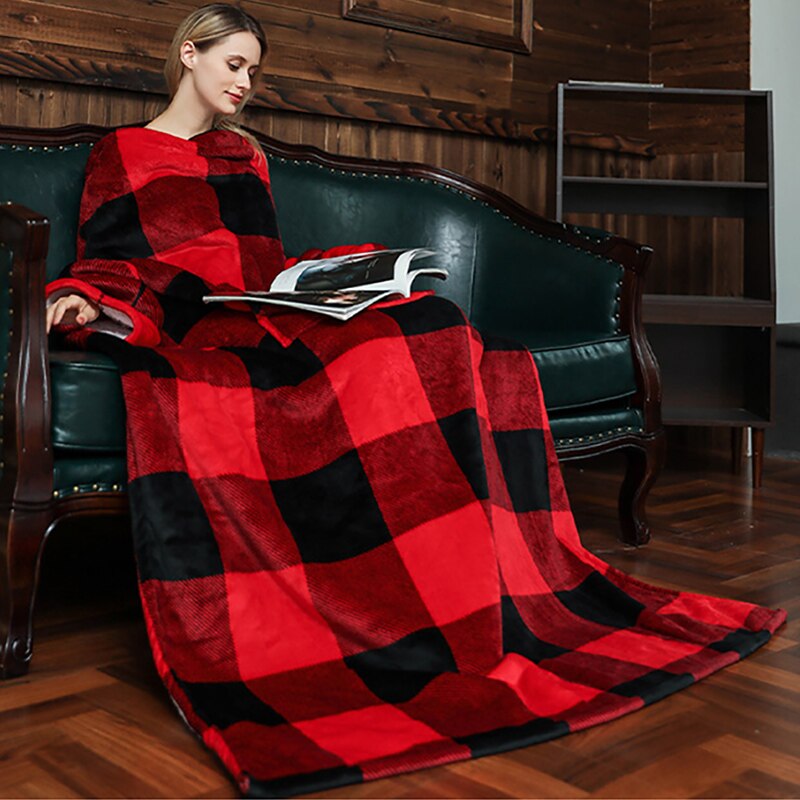 Plaid Sofa Blanket Winter Warm Soft Wearable Fleece Weighted Blanket With Sleeves Travel Thick Plush Lazy Long TV Blanket