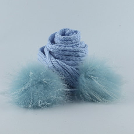 Children Real Natural Fur Pompom Hat Baby Kids Winter Knitted Hat And Scarf Set Boys Girls 4 pieces Pom Pom Beanie Cap