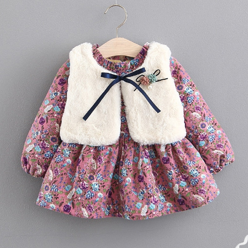 Sodawn Baby Girls Dress Autumn and Winter Girls Thicken Plus Velvet Long Sleeve Down Dress+White Fur Vest 2Pcs Suit Kids Clothes