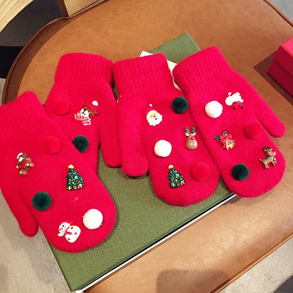Romantic Christmas Tree Snowman Rabbit Fur Slippers Full Finger Gloves