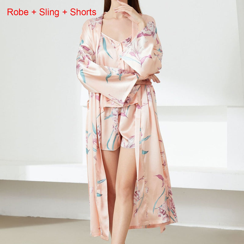 Print Flower Nighty&Robe Suit Sleepwear Sexy Satin Kimono Gown Women Bathrobe Intimate Lingerie Nightwear Silky Nightgown