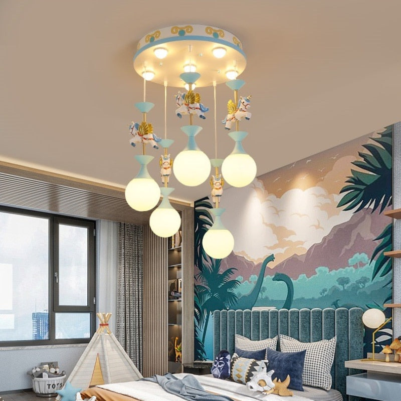 SANDYHA Nordic Simple Chandelier Boys Girls Bedroom Dreamlike Unicorn Hanging Lamp Creative LED Children's Room Cartoon Lighting