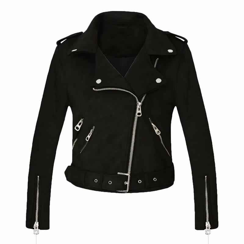 FTLZZ Women Faux Suede Jacket Coats Motorcycle Zipper Turndown Collar Faux Soft Leather Overcoat Female Black Punk Short Jacket