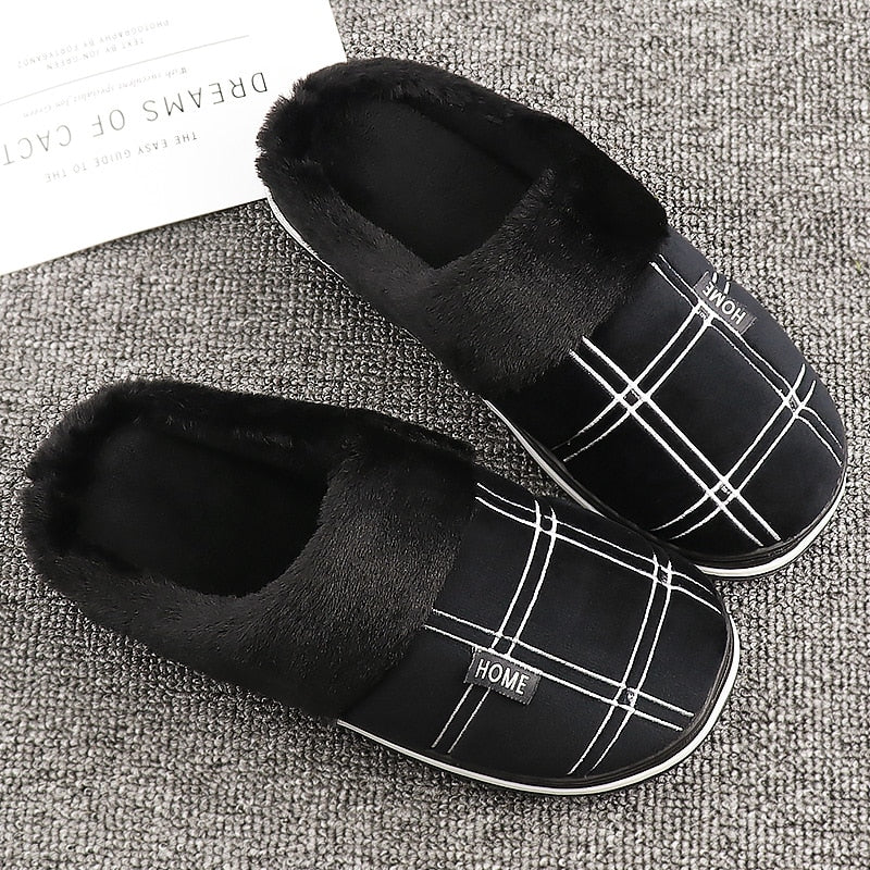 Large Size 50/51 Home Slippers Men Plaid Cotton Slippers Indoor Winter Warm Plush Non-slip Thick-soled Soft Slippers Male Shoes