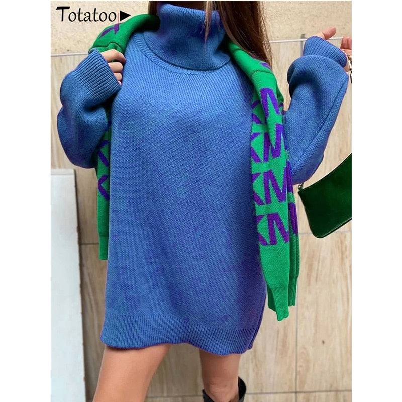 Totatoop Turtleneck Knit Sweater Winter Dress Women 2022 Lantern Sleeve Bodycon Jumper Dress Oversize Festival Sweater Dresses