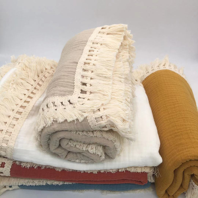 120x100cm Tassel Muslin Baby Blankets Newborn Diaper Swaddle Baby Towel Gauze Pompom Swaddle Blanket Baby