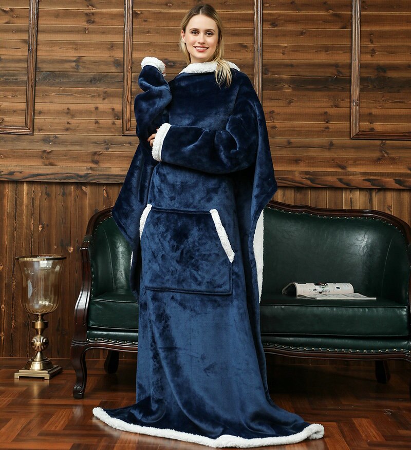 Plaid Sofa Blanket Winter Warm Soft Wearable Fleece Weighted Blanket With Sleeves Travel Thick Plush Lazy Long TV Blanket