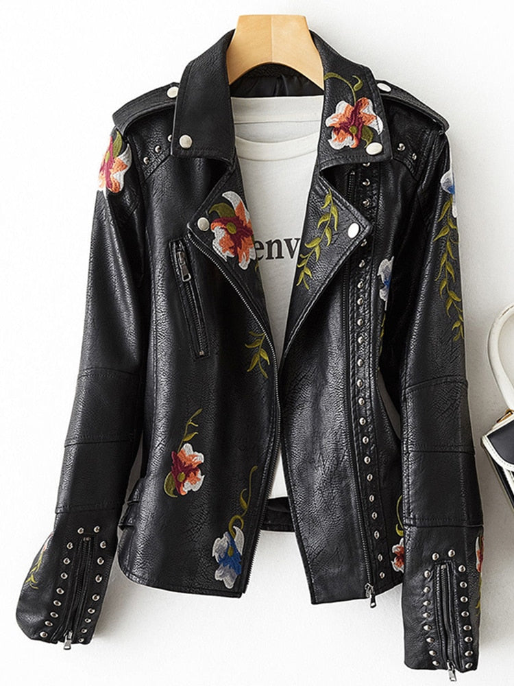 FTLZZ New Women Retro Floral Print Embroidery Faux Soft Leather Jacket Coat Turndown Collar Pu Moto Biker Black Punk Outerwear