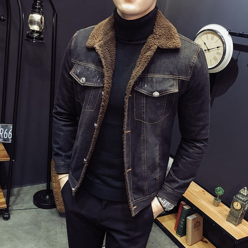 2022 Autunm and Winter Men's Lamb Velvet Light Denim Jacket Slim Jacket Denim Jacket Velvet Jean Coat Mens Casual Denim Outwear