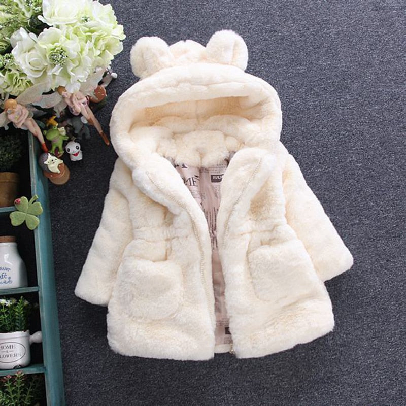 Bear Leader Girls Warm Coats 2023 New Winter Thick Faux Fur Jackets Cartoon Ear Fluffy Outerwear Long Sleeve Cute Coats 2 7Y