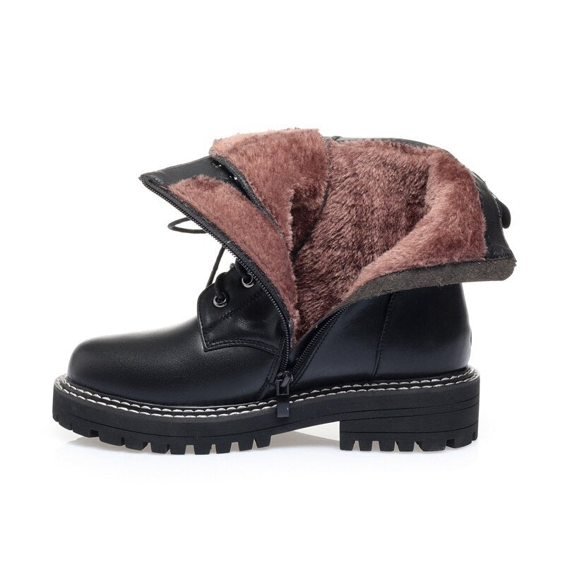 Winter Women Boots Leather Shoes for Women Round Toe Chunky Heel Shoes Platform Ankle Boots Solid Warm Wool Short Boots