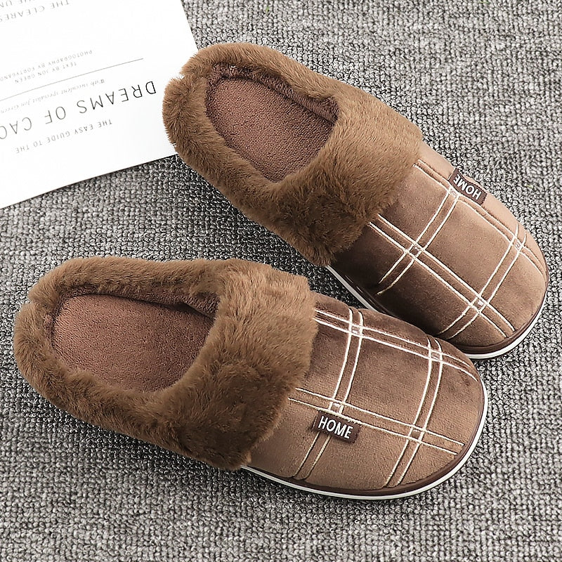 Large Size 50/51 Home Slippers Men Plaid Cotton Slippers Indoor Winter Warm Plush Non-slip Thick-soled Soft Slippers Male Shoes