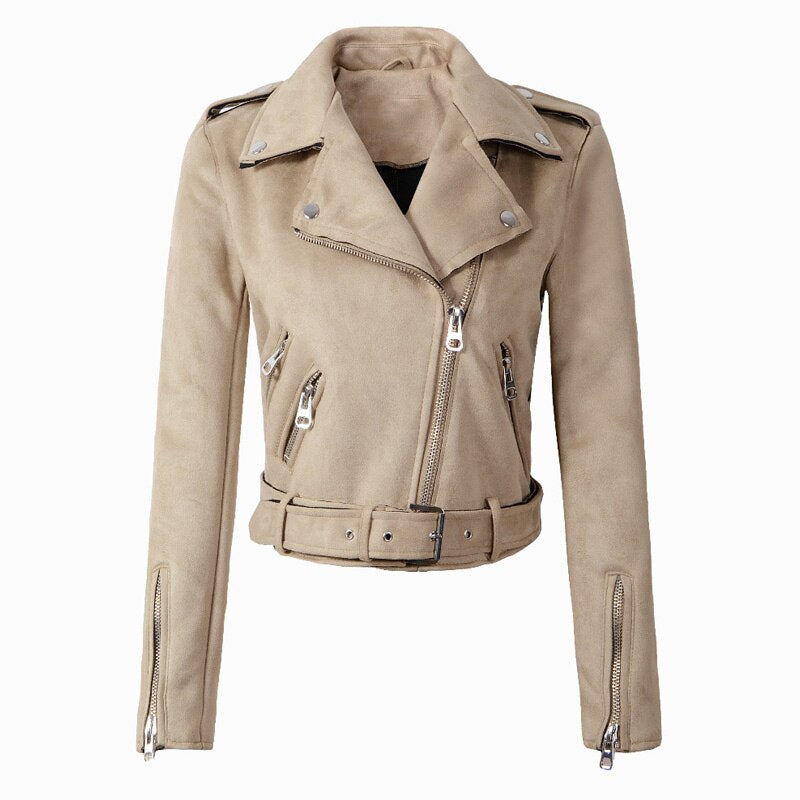 FTLZZ Women Faux Suede Jacket Coats Motorcycle Zipper Turndown Collar Faux Soft Leather Overcoat Female Black Punk Short Jacket