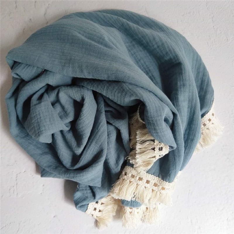 120x100cm Tassel Muslin Baby Blankets Newborn Diaper Swaddle Baby Towel Gauze Pompom Swaddle Blanket Baby