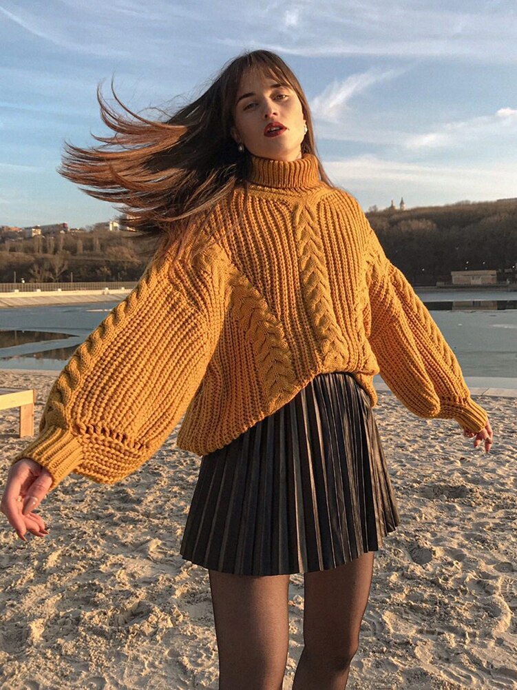 Women Turtleneck Sweaters High Quality Autumn Winter 2022 Pull Jumpers European Twist Lantern Sleeve Oversized Sweater C-141