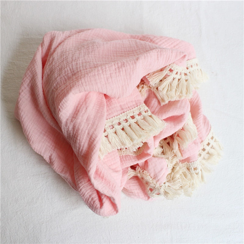 120x100cm Tassel Muslin Baby Blankets Newborn Diaper Swaddle Baby Towel Gauze Pompom Swaddle Blanket Baby