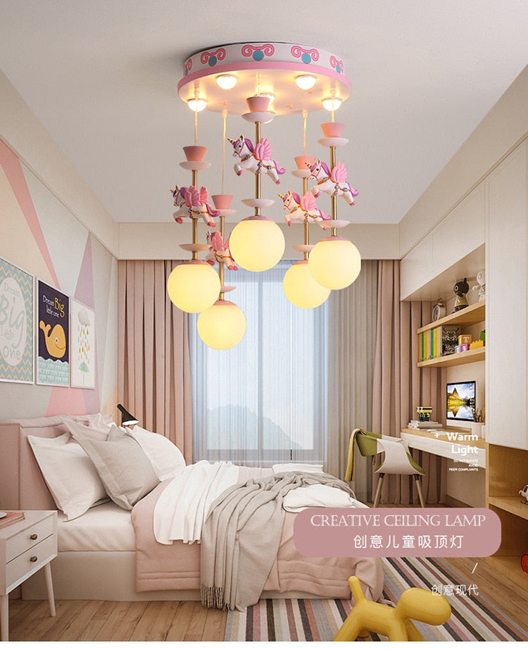 SANDYHA Nordic Simple Chandelier Boys Girls Bedroom Dreamlike Unicorn Hanging Lamp Creative LED Children's Room Cartoon Lighting