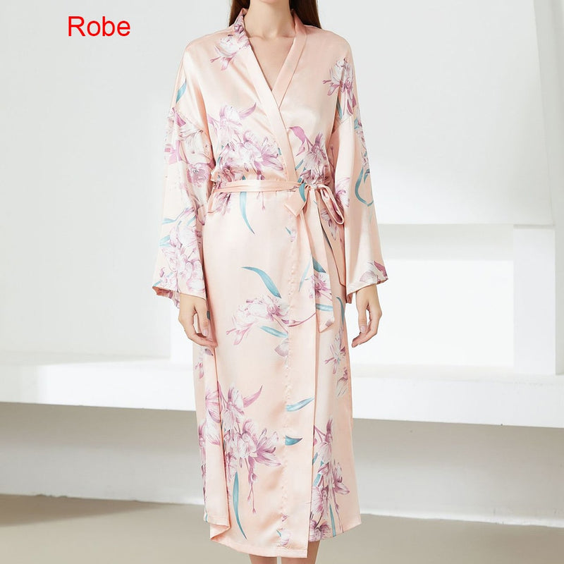 Print Flower Nighty&Robe Suit Sleepwear Sexy Satin Kimono Gown Women Bathrobe Intimate Lingerie Nightwear Silky Nightgown