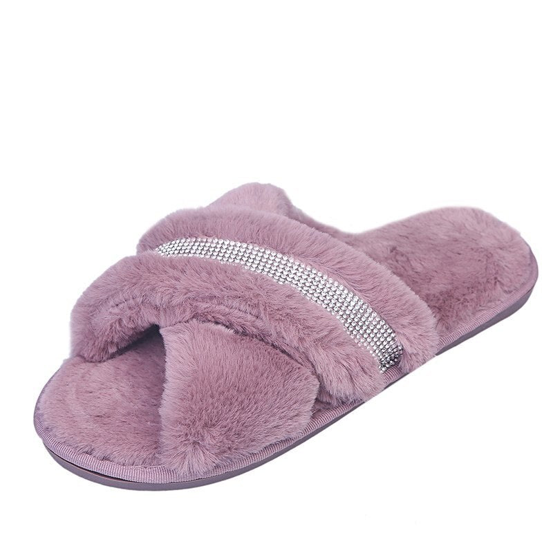 Winter New Rhinestone House Women Fur Slippers Bedroom Warm Faux Fur Ladies Flat Shoes Slip-on Indoor Women Plush Slippers