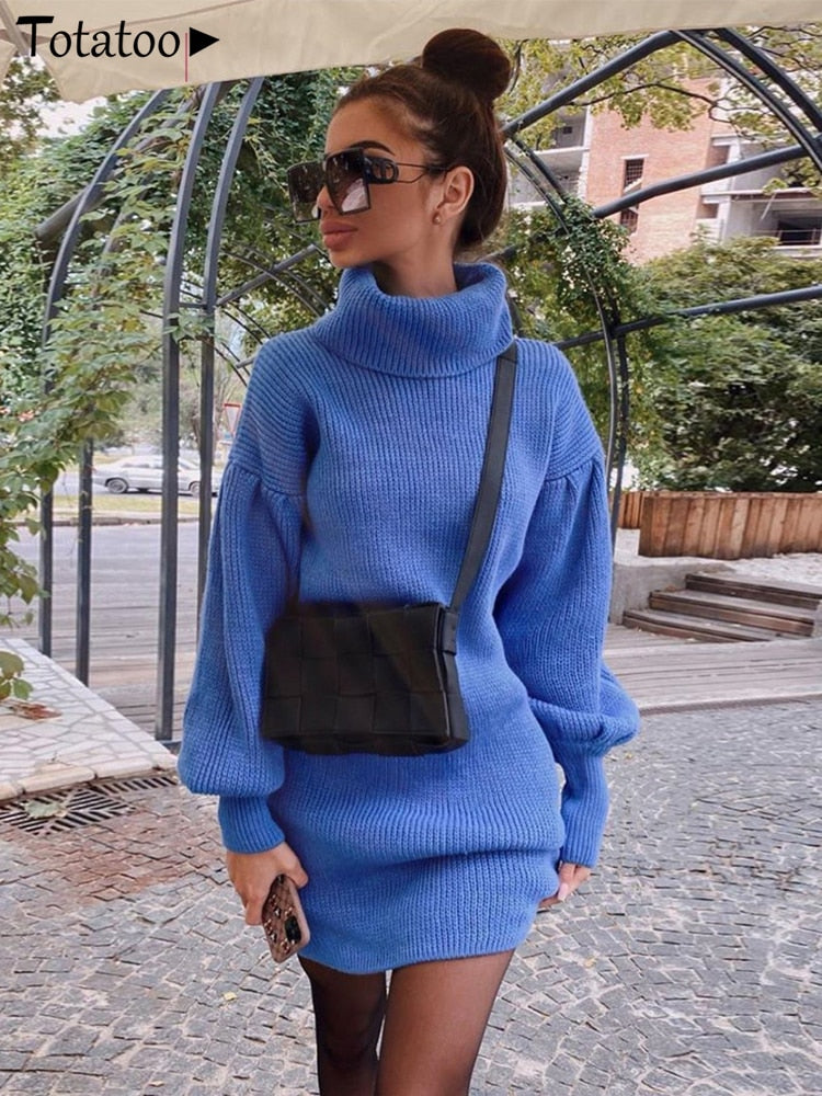 Totatoop Turtleneck Knit Sweater Winter Dress Women 2022 Lantern Sleeve Bodycon Jumper Dress Oversize Festival Sweater Dresses