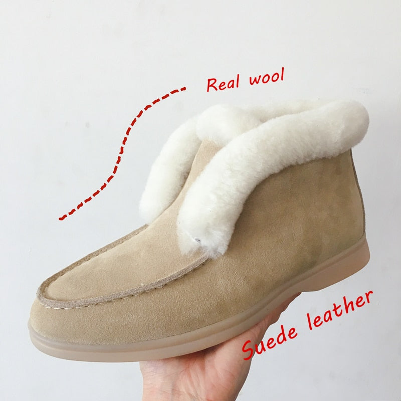 Women Ankle Boots Cow Suede Leather Winter Shoes Natural-fur Warm Slip-on Snow Boots for Women