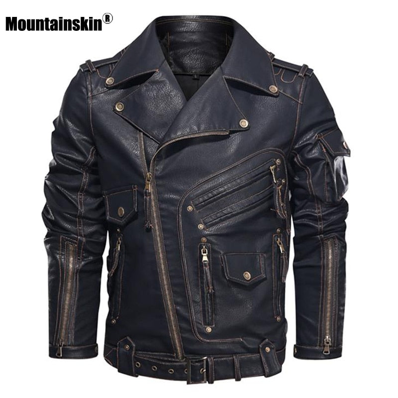 Mountainskin Winter Mens Leather Jacket Men Fashion Motorcycle PU Leather Jacket Cool Zipper Pockets Leather Coats EU Size SA968
