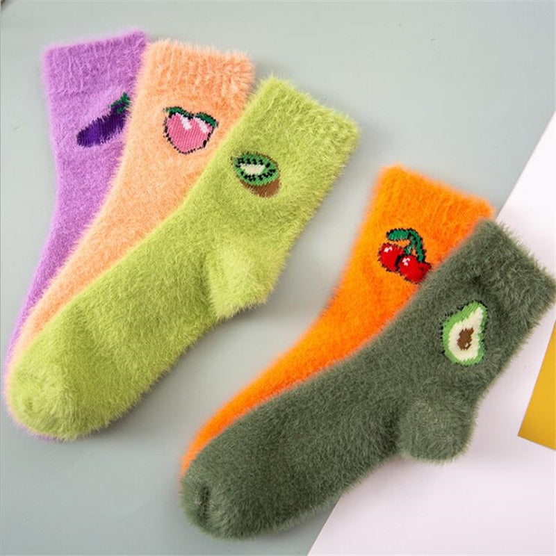 Kawaii Women Fruit Fluffy Socks Autumn Winter Thermal Fuzzy Female Ladies Warm Avocado Cherry Floor Sleep Sock For Woman