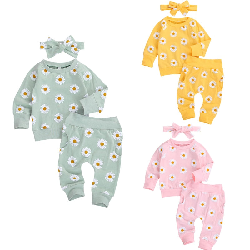 0-24M Toddler Newborn Infant Baby Girl Autumn Clothing Set  Daisy Printed Cotton Top Long pants 2Pcs Outfits 3Colors