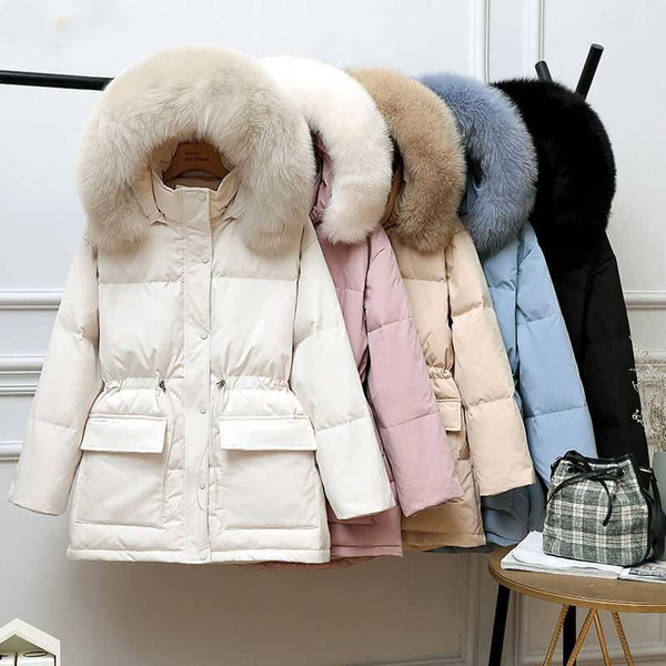 2022 White Duck Down Coat Winter Women Fashion New Hooded Real Fur Collar Thicken Warm Feather Clothing Female Parka Overcoat