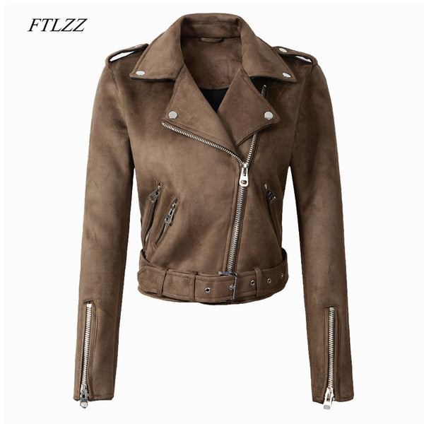 FTLZZ Women Faux Suede Jacket Coats Motorcycle Zipper Turndown Collar Faux Soft Leather Overcoat Female Black Punk Short Jacket