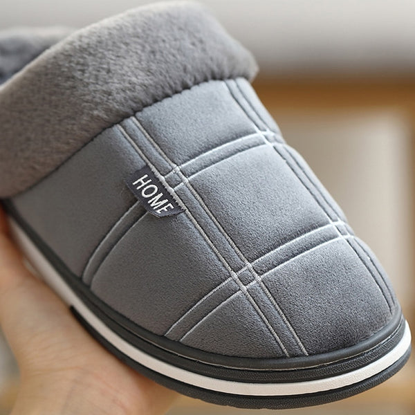 Large Size 50/51 Home Slippers Men Plaid Cotton Slippers Indoor Winter Warm Plush Non-slip Thick-soled Soft Slippers Male Shoes