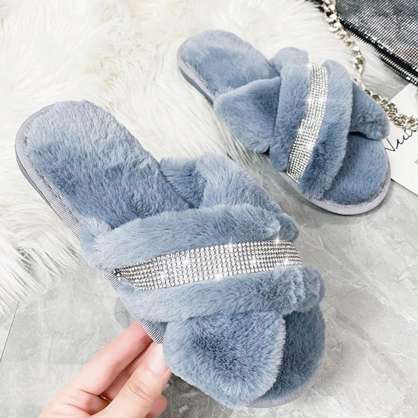 Winter New Rhinestone House Women Fur Slippers Bedroom Warm Faux Fur Ladies Flat Shoes Slip-on Indoor Women Plush Slippers