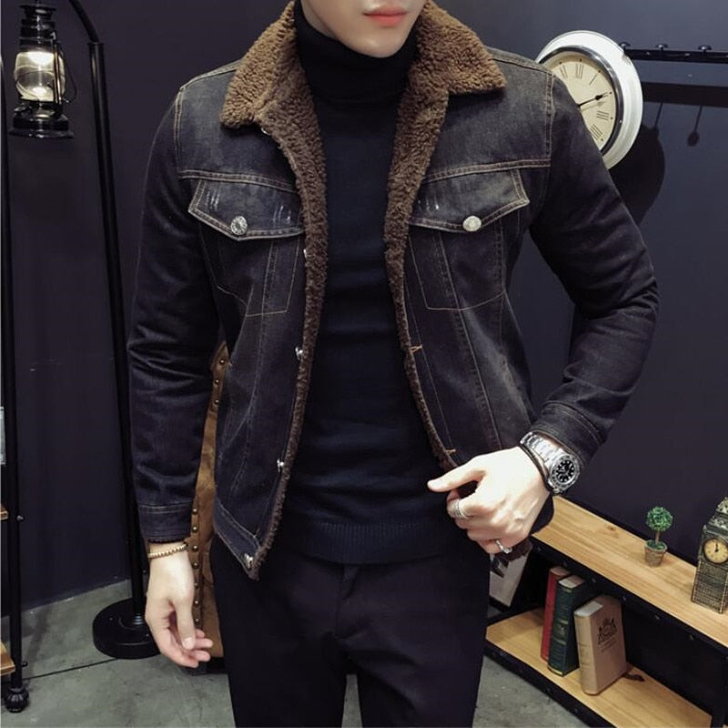 2022 Autunm and Winter Men's Lamb Velvet Light Denim Jacket Slim Jacket Denim Jacket Velvet Jean Coat Mens Casual Denim Outwear