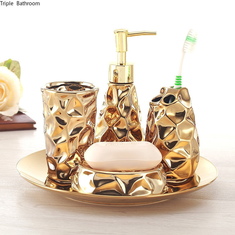 Ceramic bathroom set four-piece Gold tooth brush holder Soap Dispenser soap box bathroom decoration accessories Wedding gifts